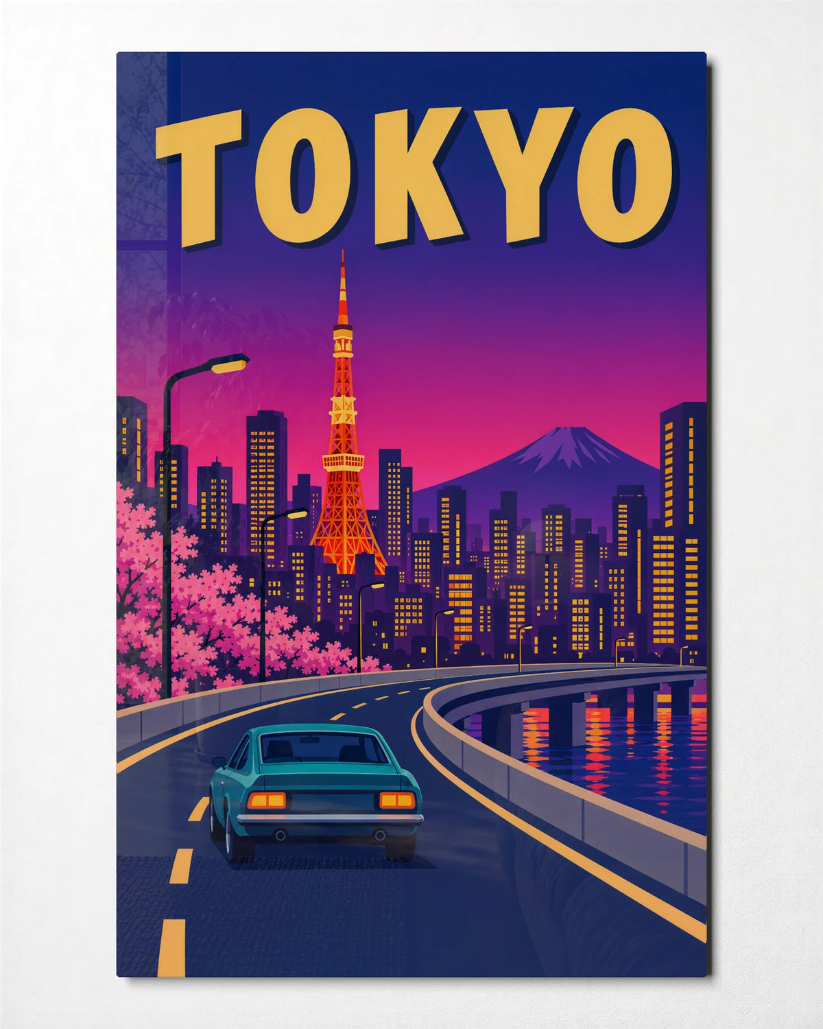 Tokyo Evening Drive — front view of glass wall art