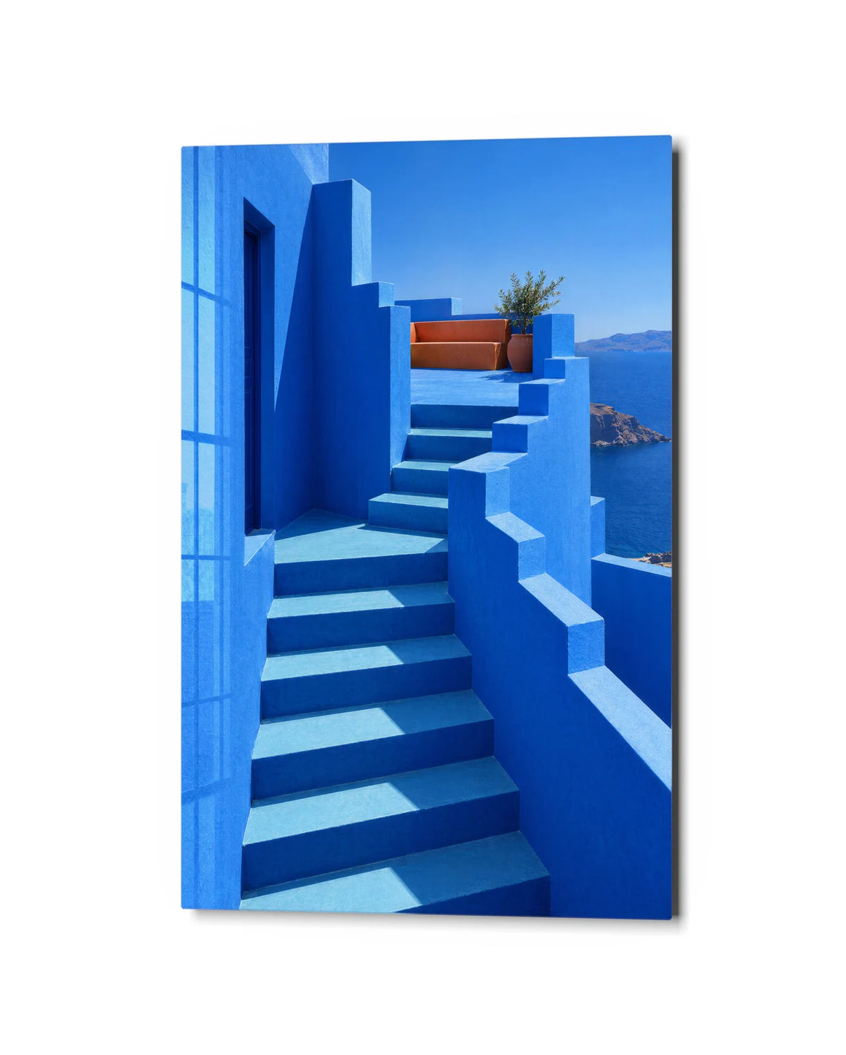 Blue Steps Seaward — studio view of glass wall art