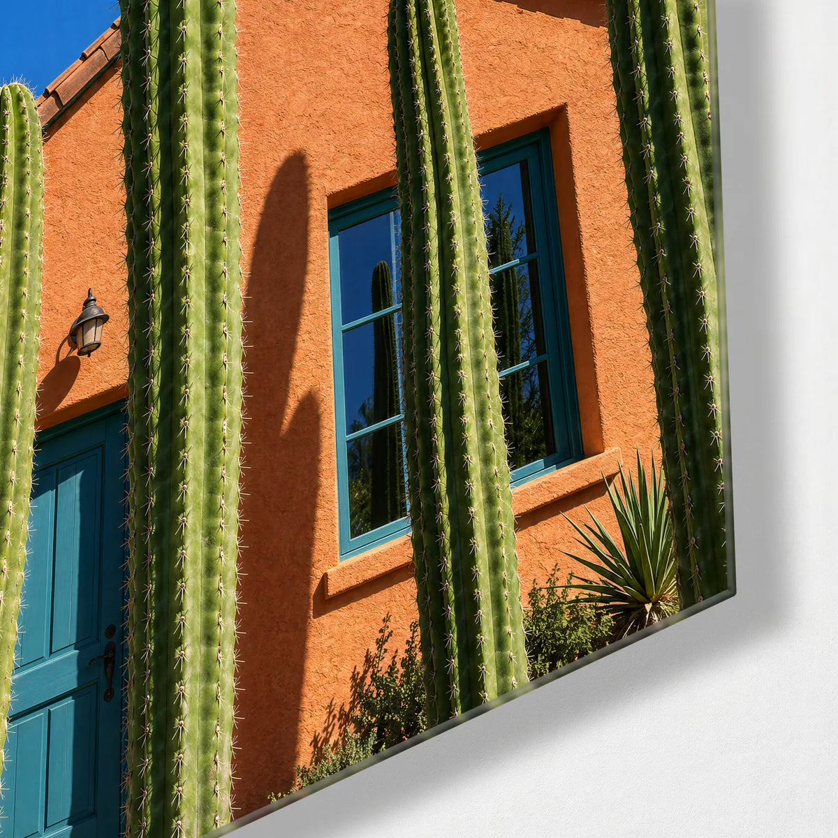 Cactus by the Blue Door — corner detail of glass wall art