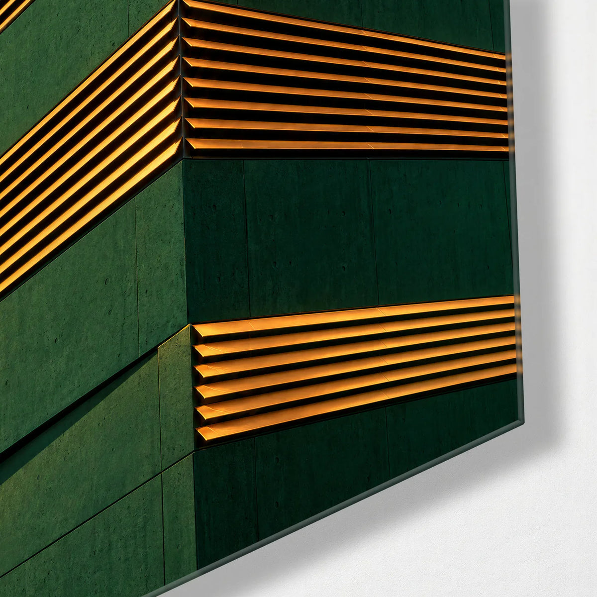 Green Corner Orange Lines — corner detail of glass wall art