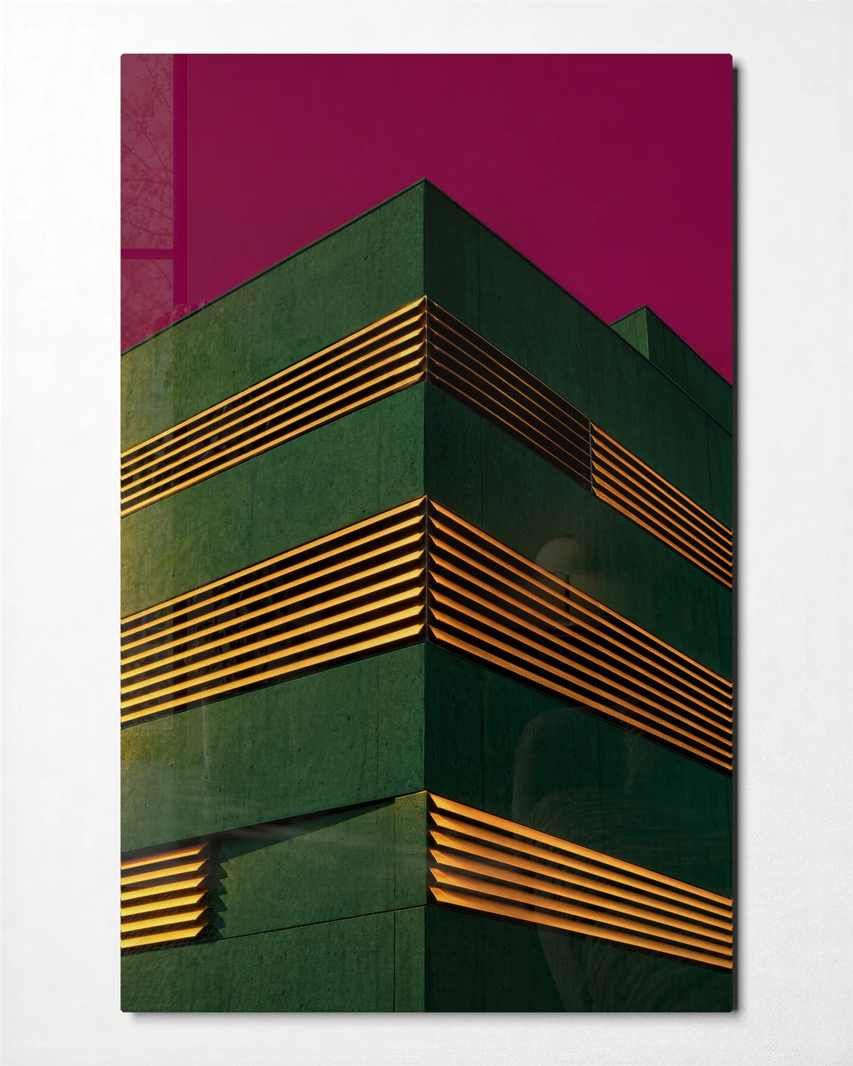 Green Corner Orange Lines — front view of glass wall art