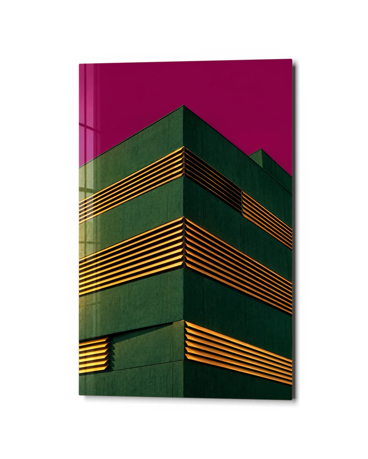 Green Corner Orange Lines — studio view of glass wall art