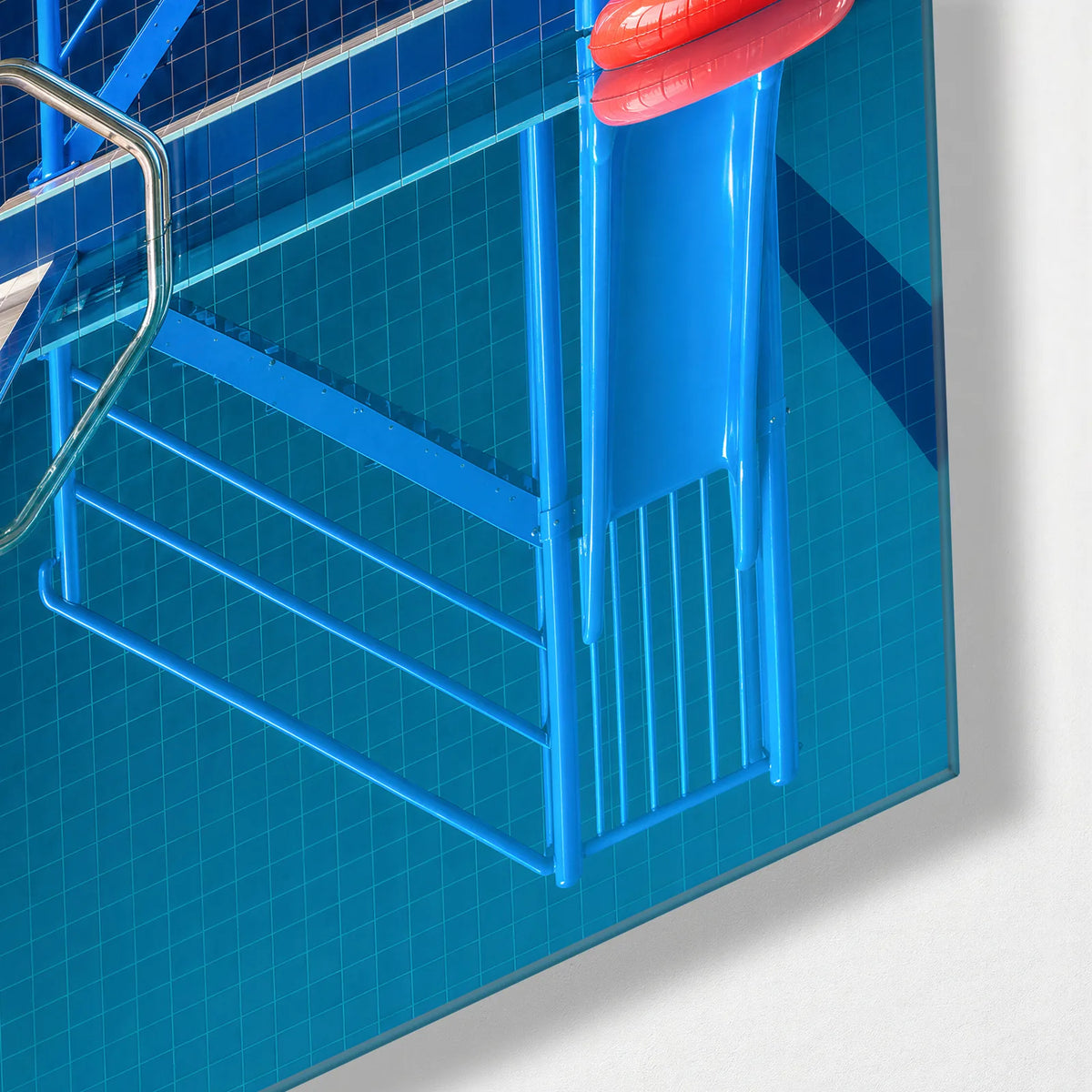 Blue Pool Red Ring — corner detail of glass wall art