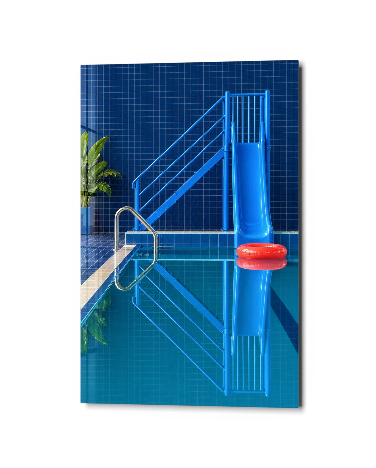 Blue Pool Red Ring — studio view of glass wall art