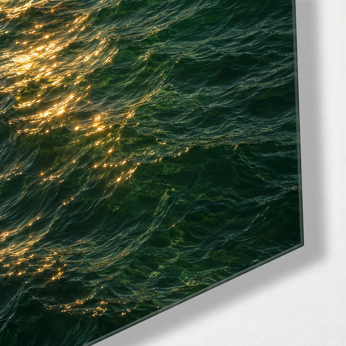 Gold Across Green Water — corner detail of glass wall art