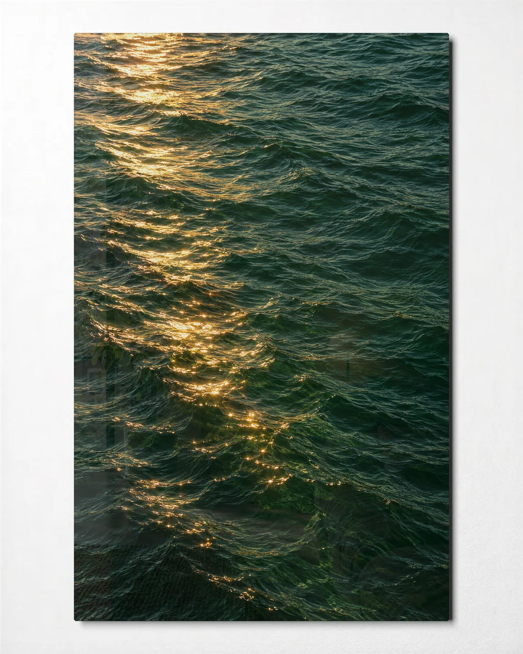 Gold Across Green Water — front view of glass wall art