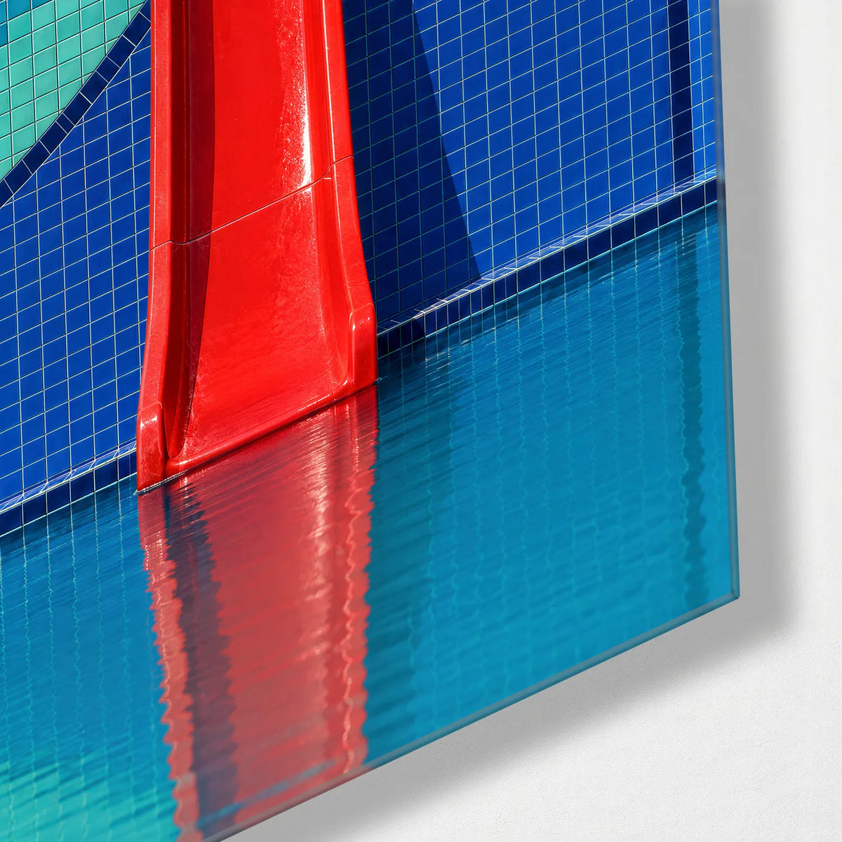 The Red Pool Slide — corner detail of glass wall art