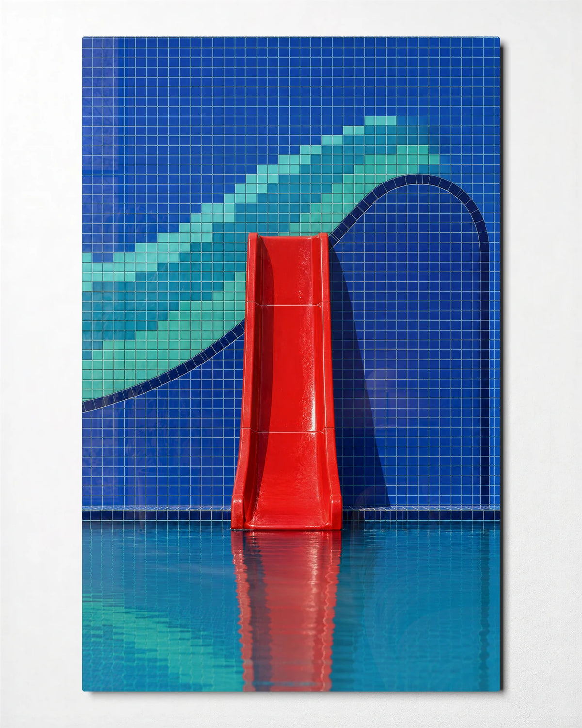 The Red Pool Slide — front view of glass wall art