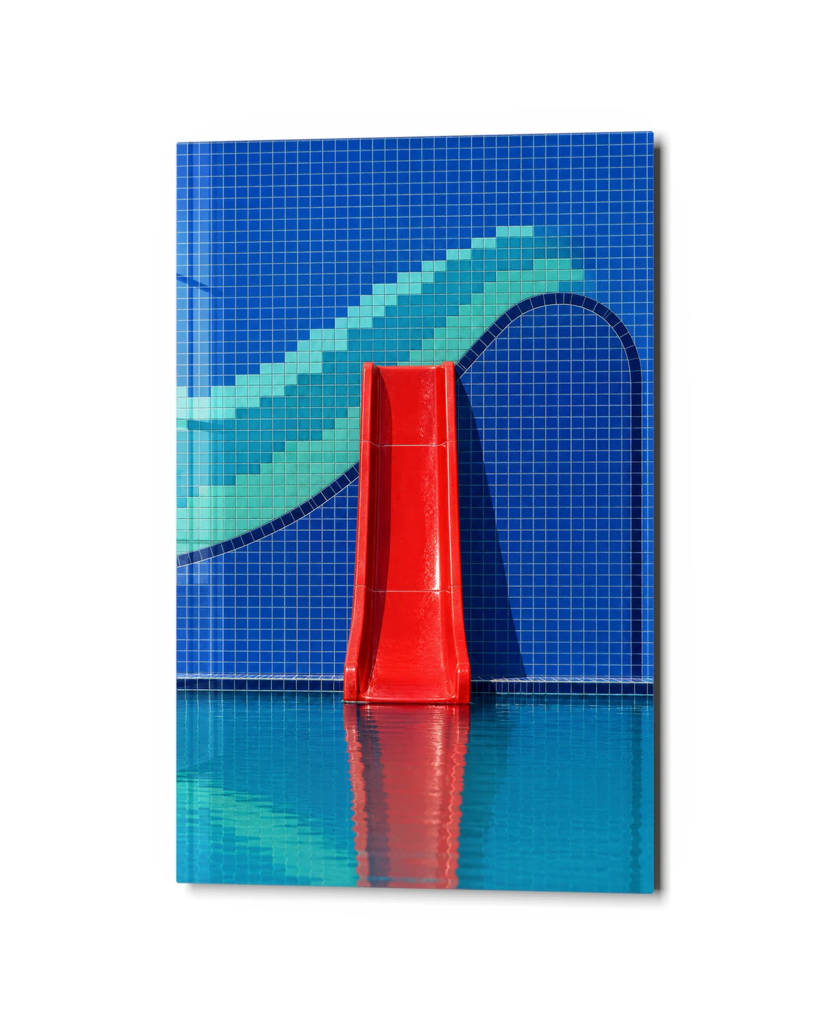 The Red Pool Slide — studio view of glass wall art