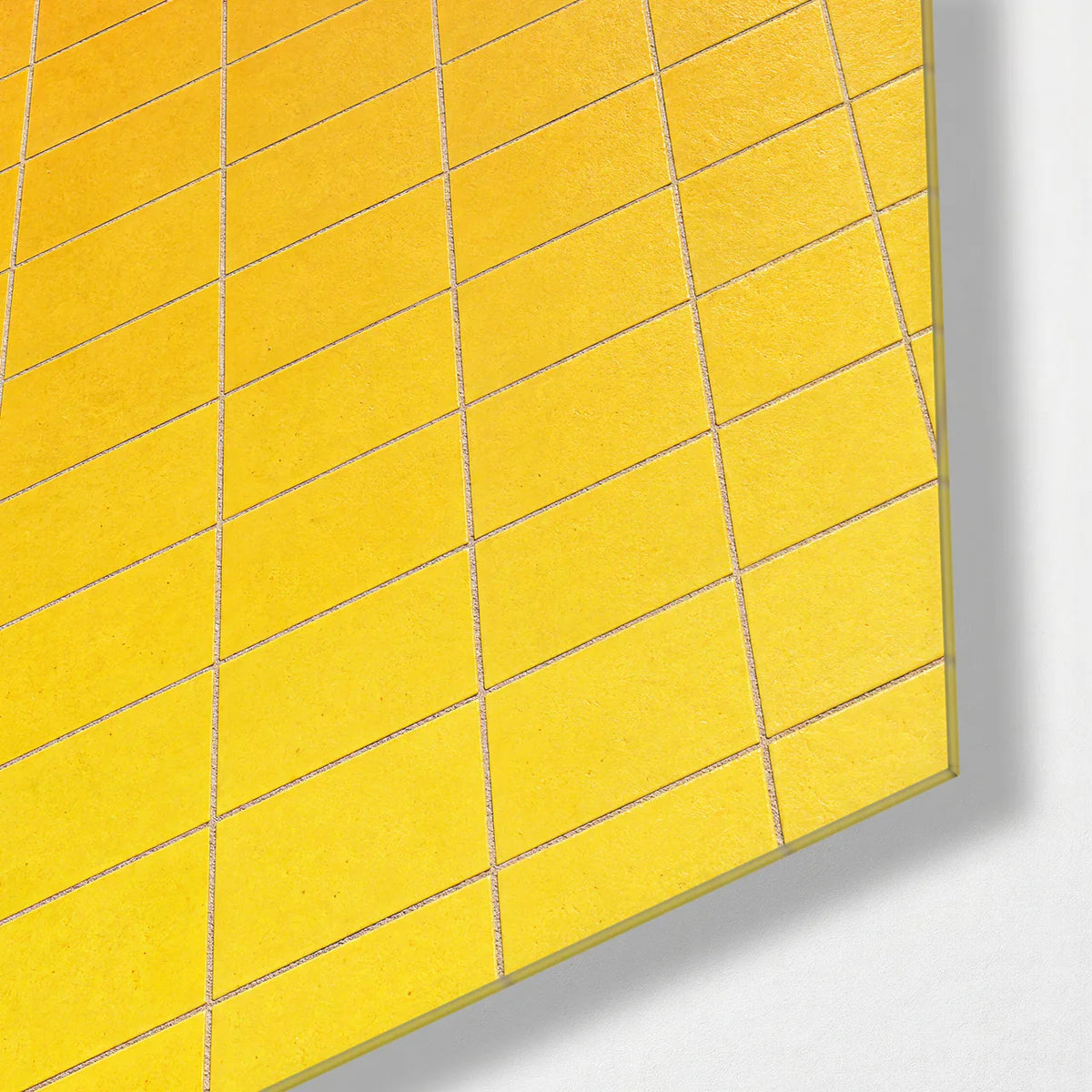 Yellow Tiles Blue Water — corner detail of glass wall art