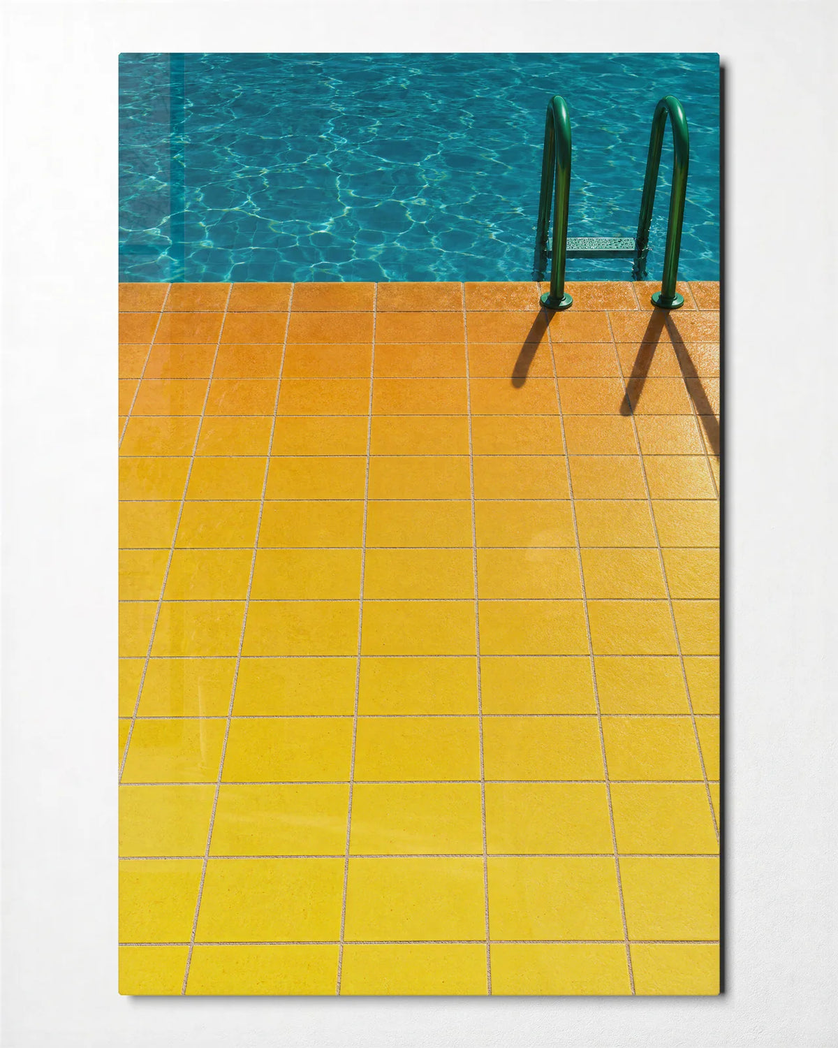 Yellow Tiles Blue Water — front view of glass wall art