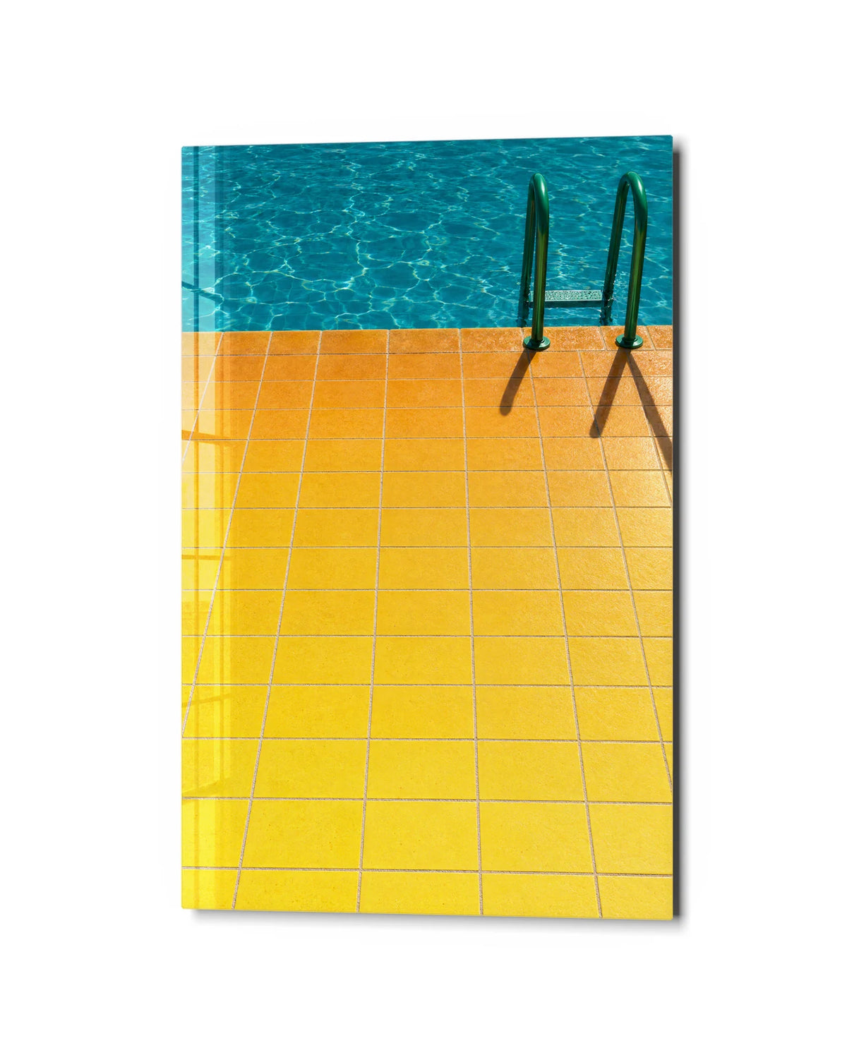 Yellow Tiles Blue Water — studio view of glass wall art