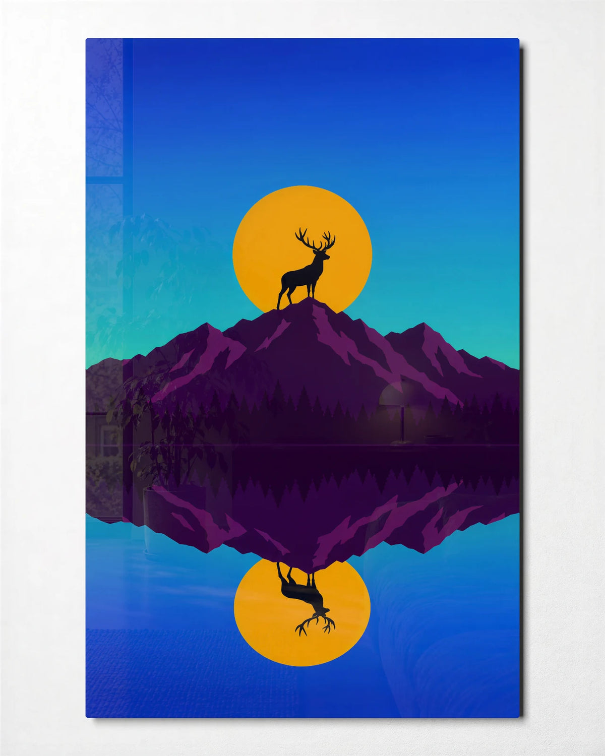 Stag Above the Reflection — front view of glass wall art