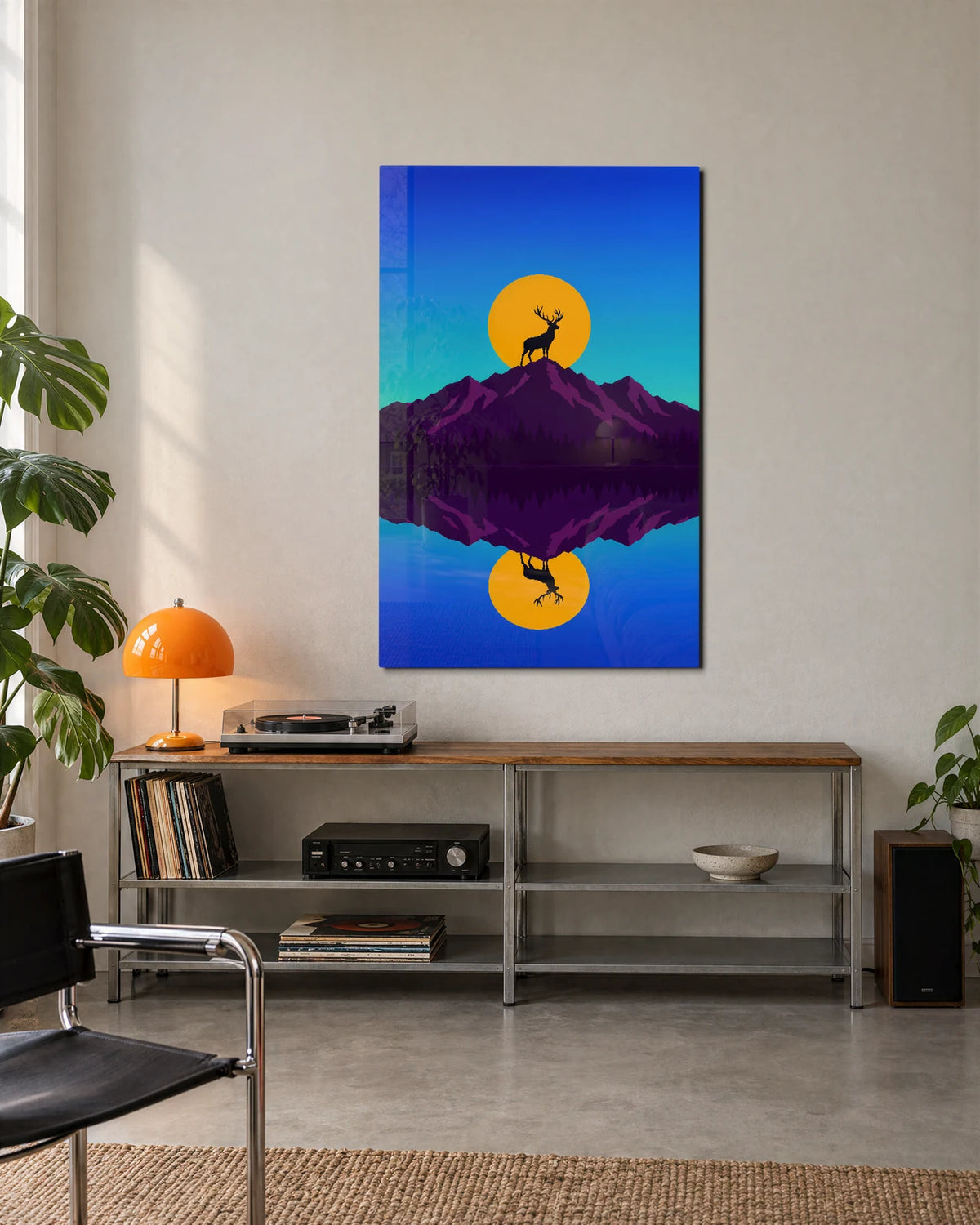 Stag Above the Reflection — shown in a living space
