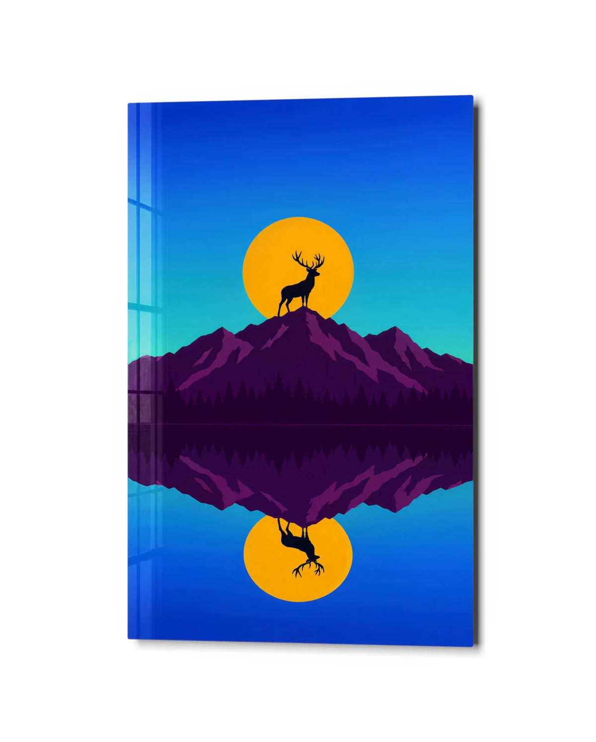 Stag Above the Reflection — studio view of glass wall art