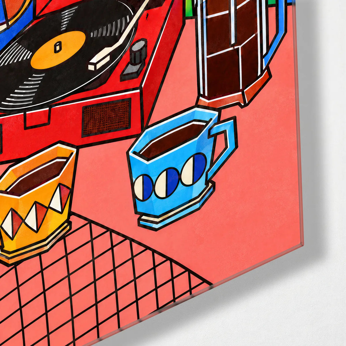 Records and Coffee — corner detail of glass wall art