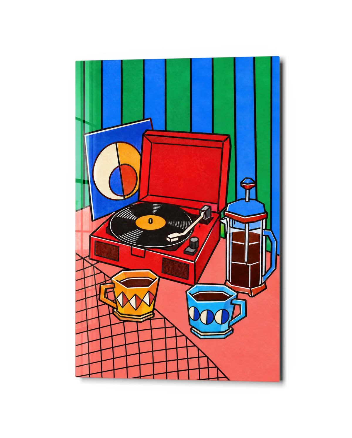 Records and Coffee — studio view of glass wall art