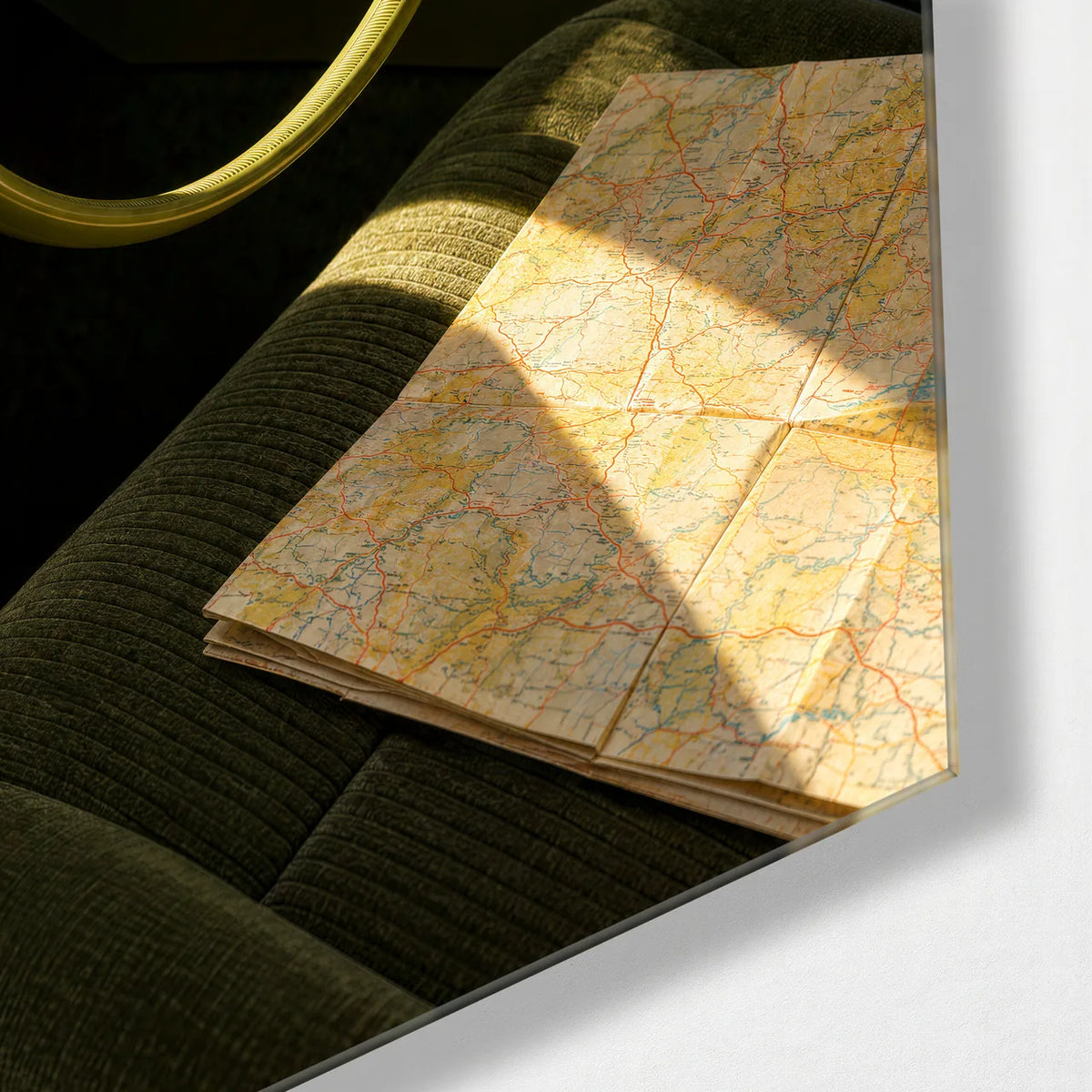 Map on the Passenger Seat — corner detail of glass wall art