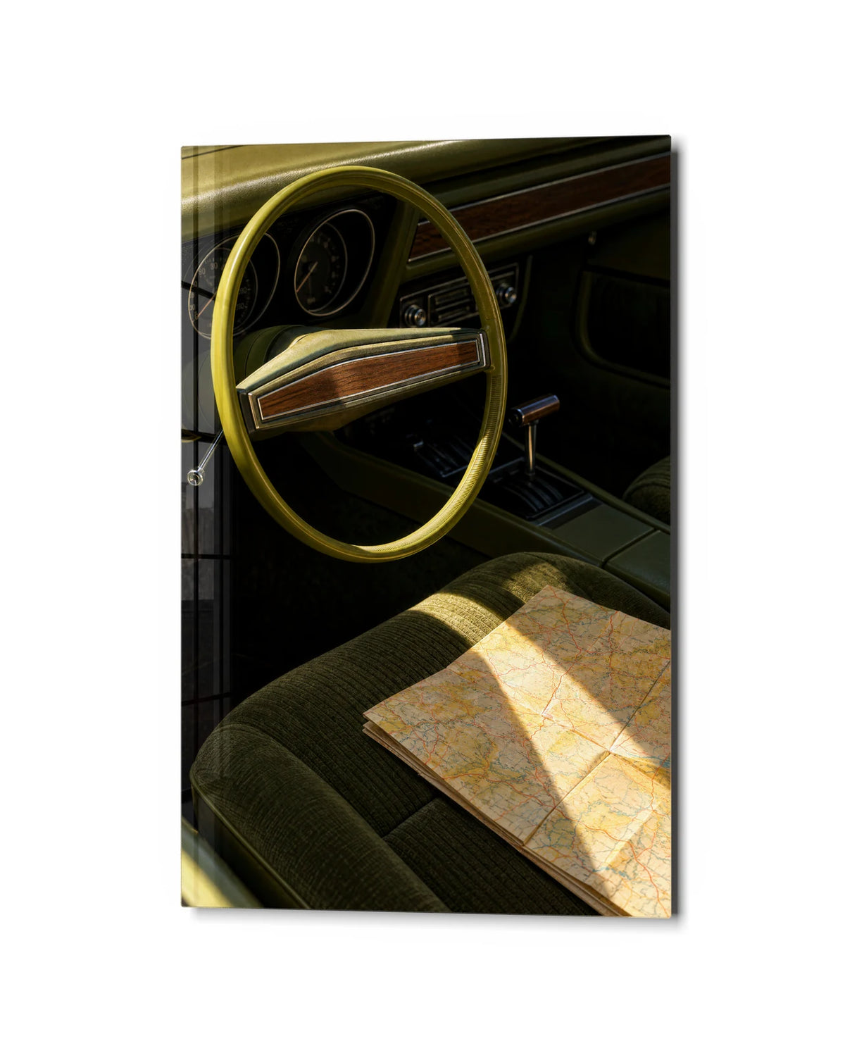 Map on the Passenger Seat — studio view of glass wall art
