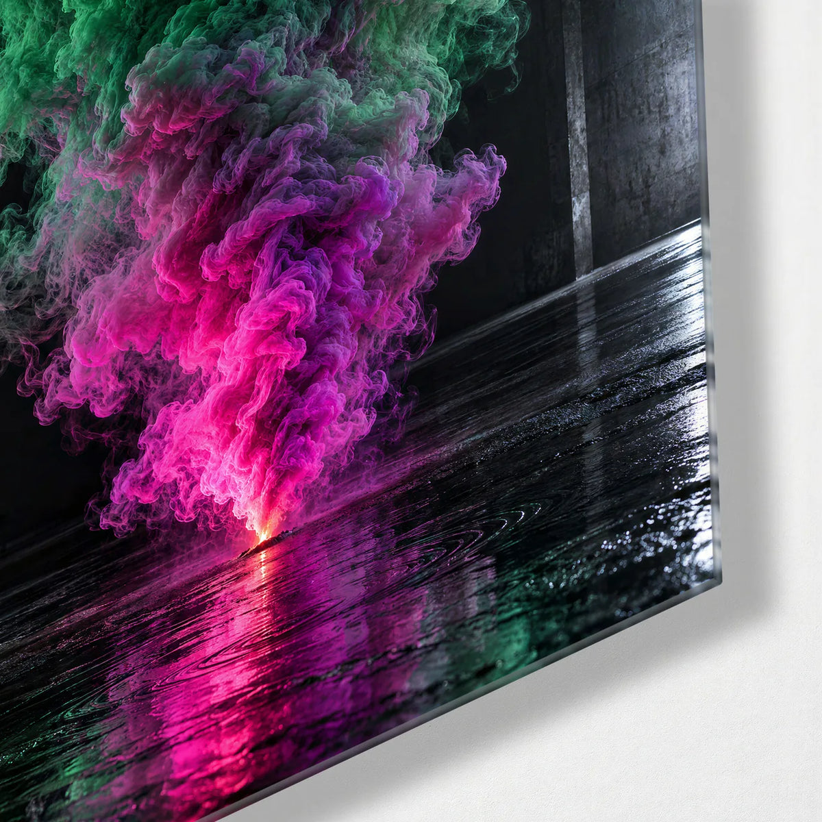 Green Smoke Pink Spark — corner detail of glass wall art