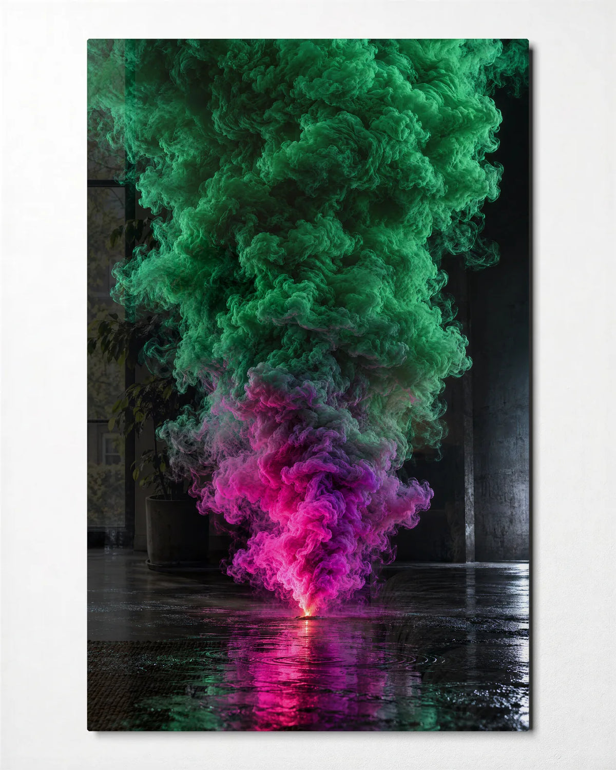 Green Smoke Pink Spark — front view of glass wall art