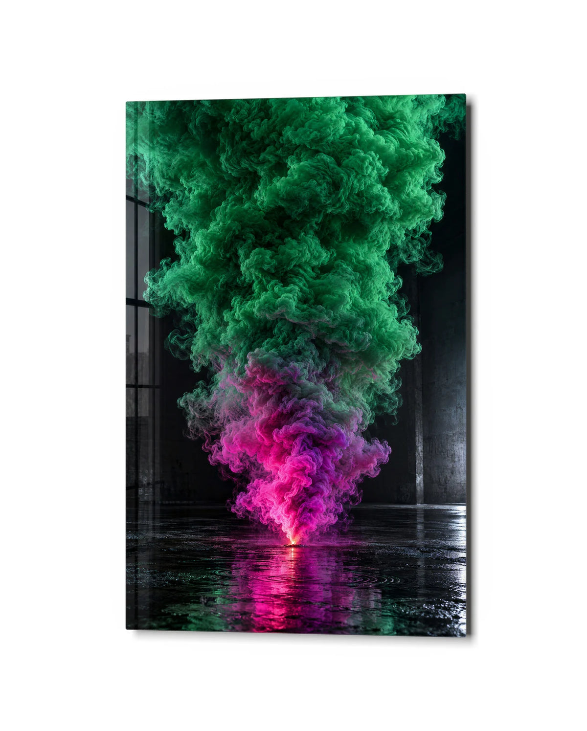 Green Smoke Pink Spark — studio view of glass wall art