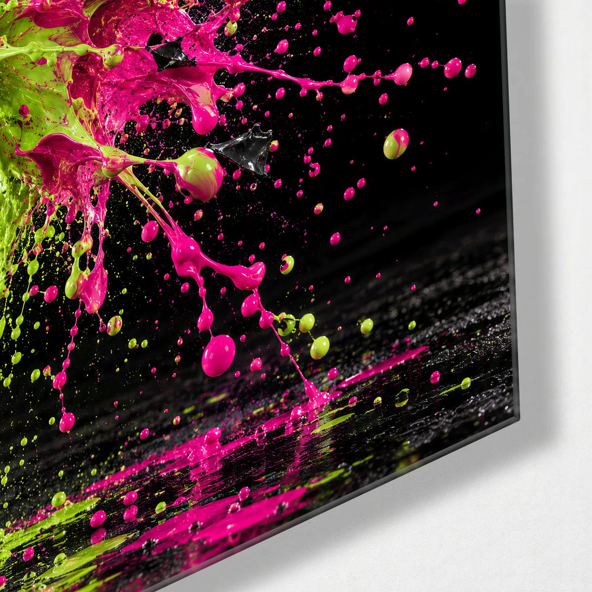 Pink Green Collision — corner detail of glass wall art
