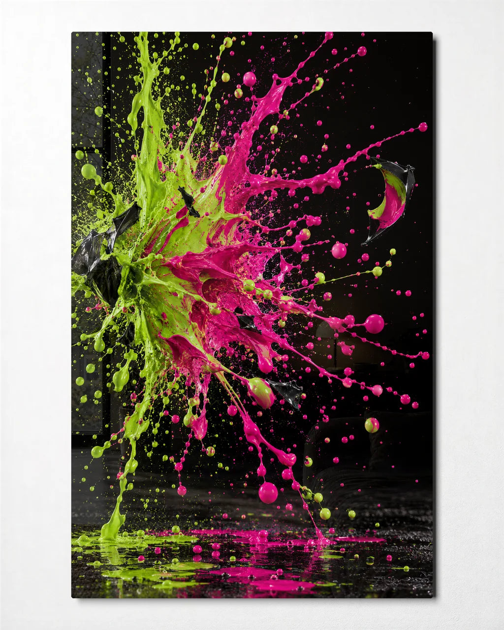 Pink Green Collision — front view of glass wall art