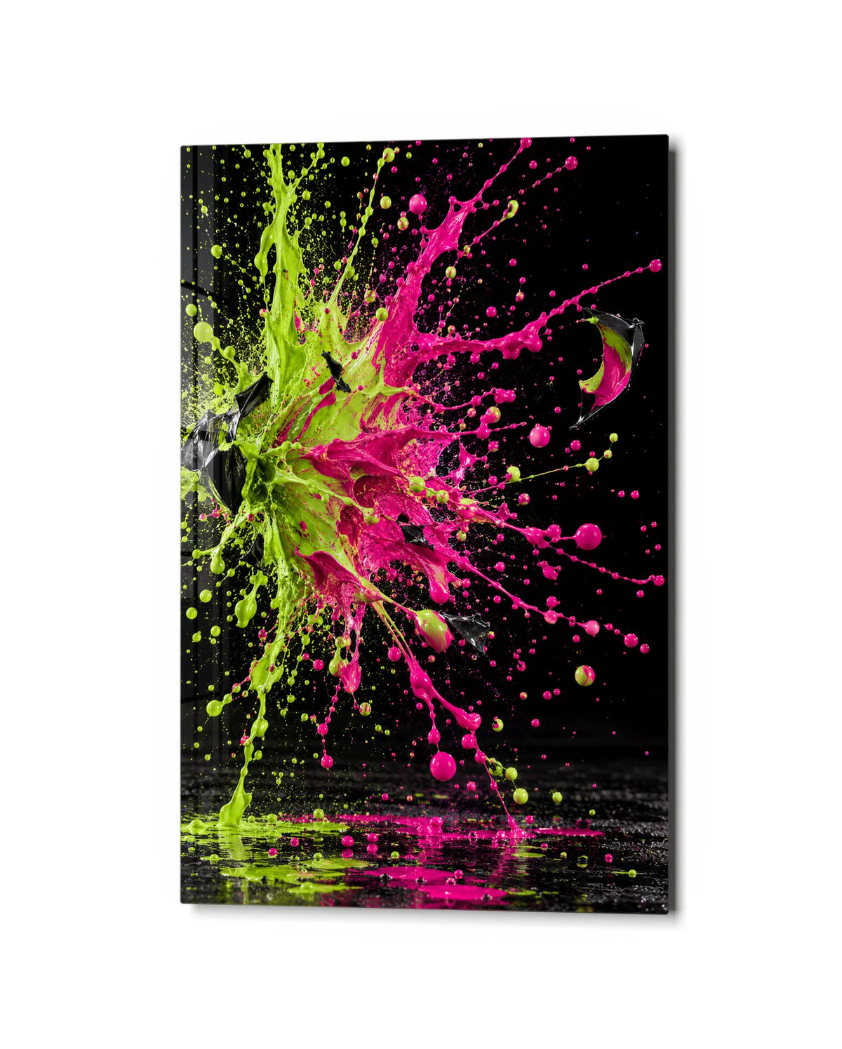 Pink Green Collision — studio view of glass wall art