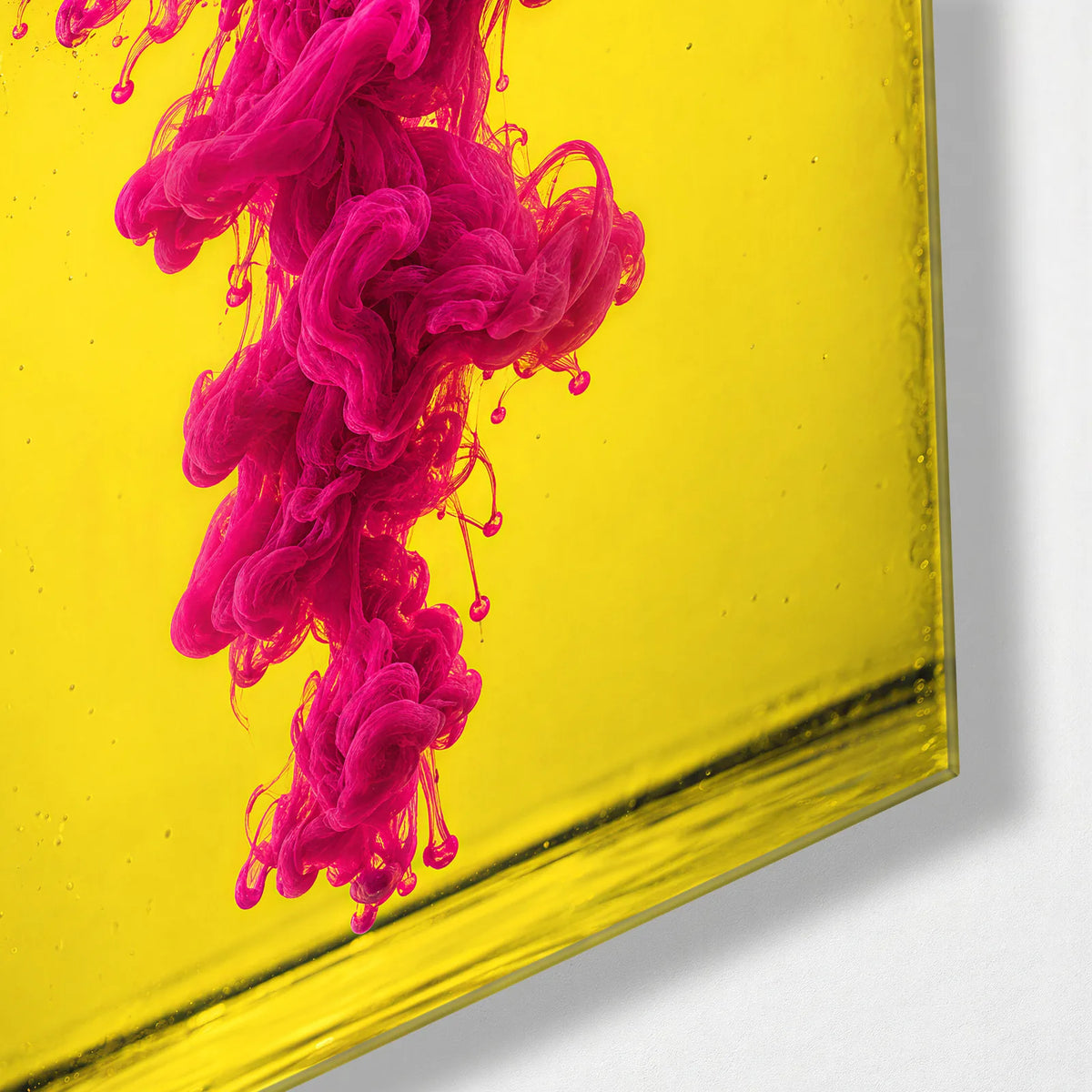 Pink Drop Yellow Water — corner detail of glass wall art