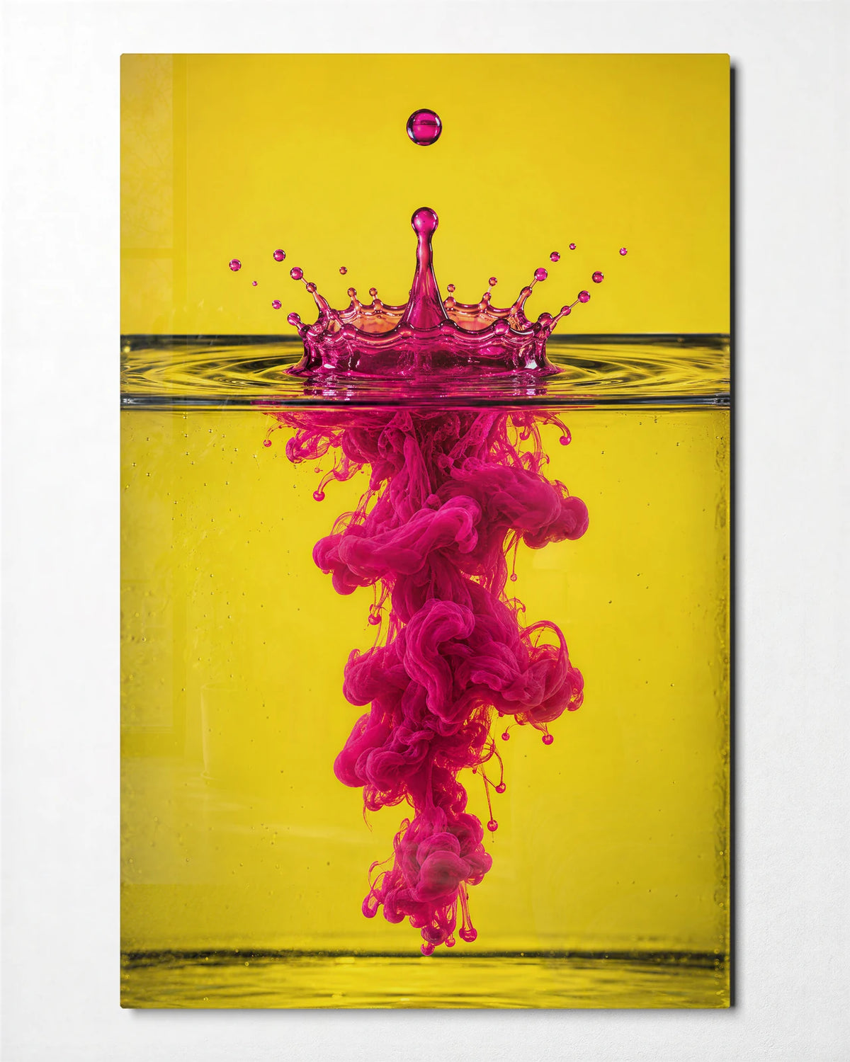 Pink Drop Yellow Water — front view of glass wall art