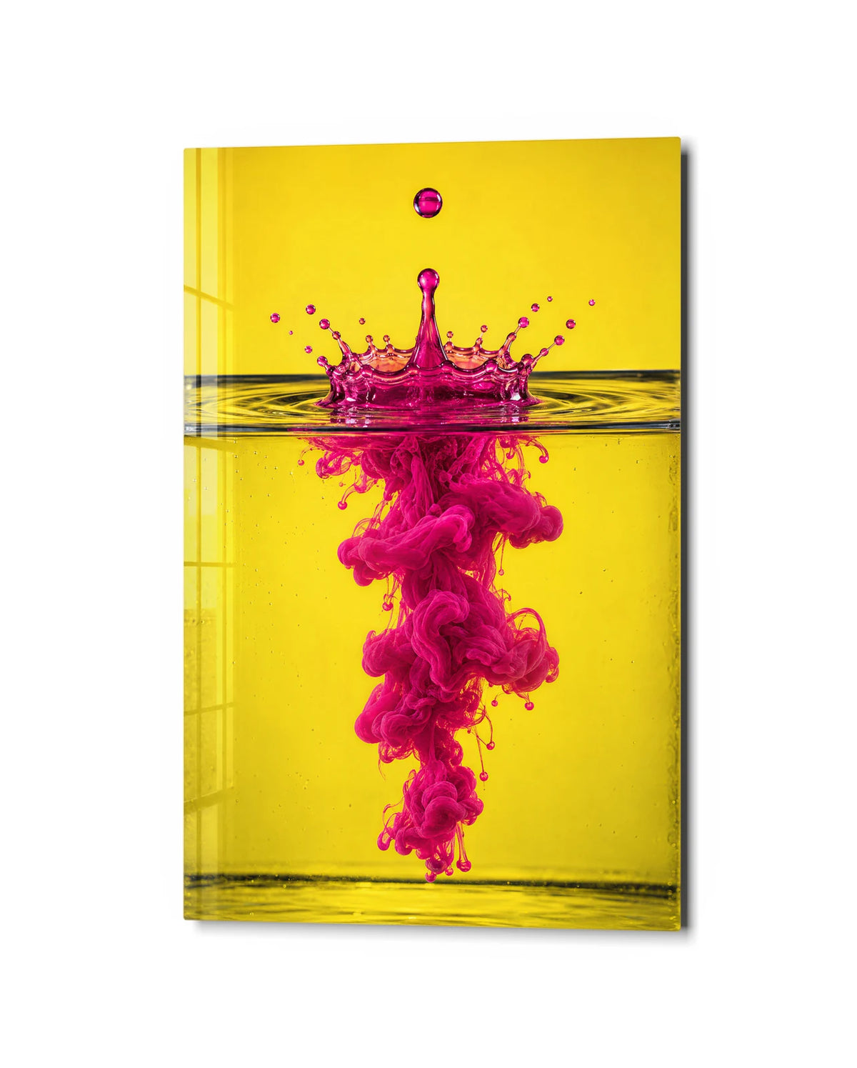 Pink Drop Yellow Water — studio view of glass wall art
