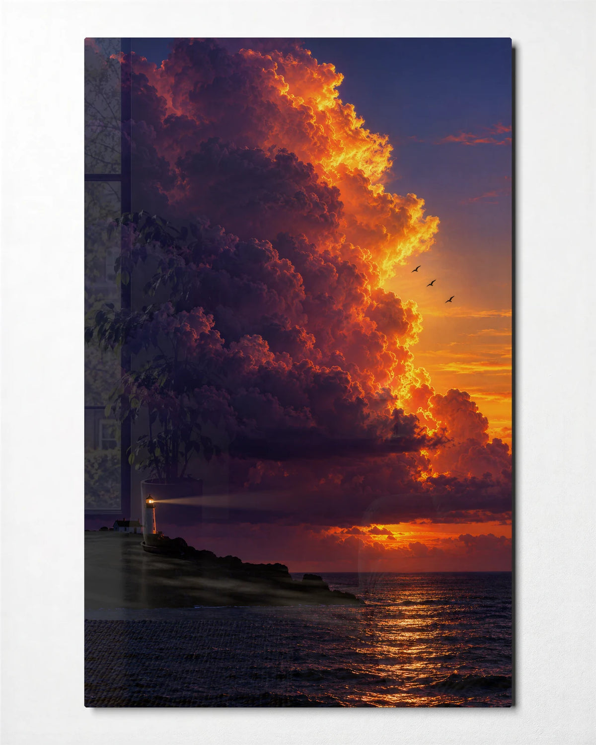 Cloud on Fire — front view of glass wall art