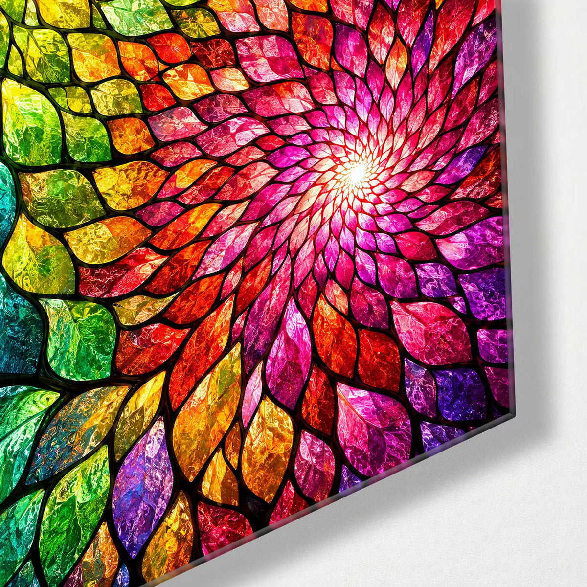 Leaf Spirals — corner detail of glass wall art