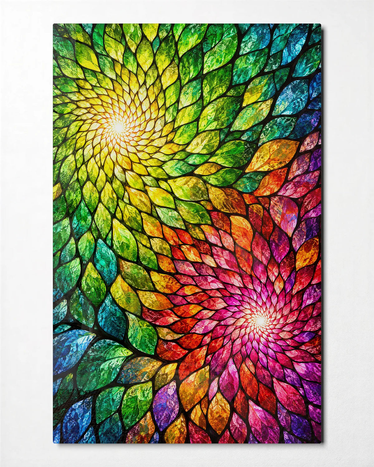 Leaf Spirals — front view of glass wall art