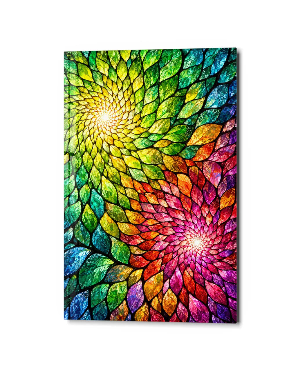 Leaf Spirals — studio view of glass wall art