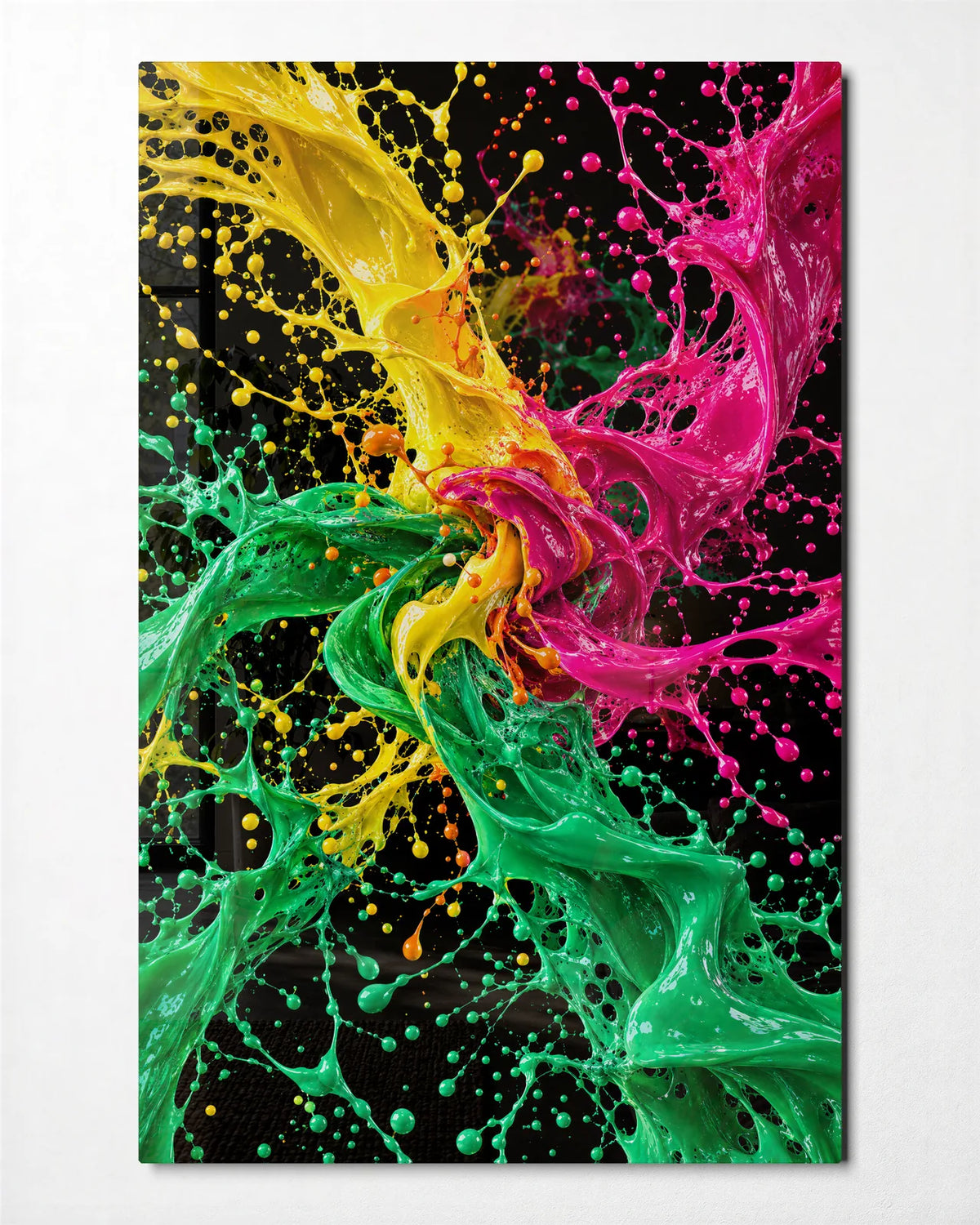 Three Colour Splash — front view of glass wall art