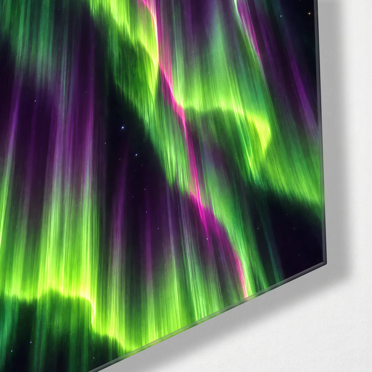 Green Sky Curtains — corner detail of glass wall art