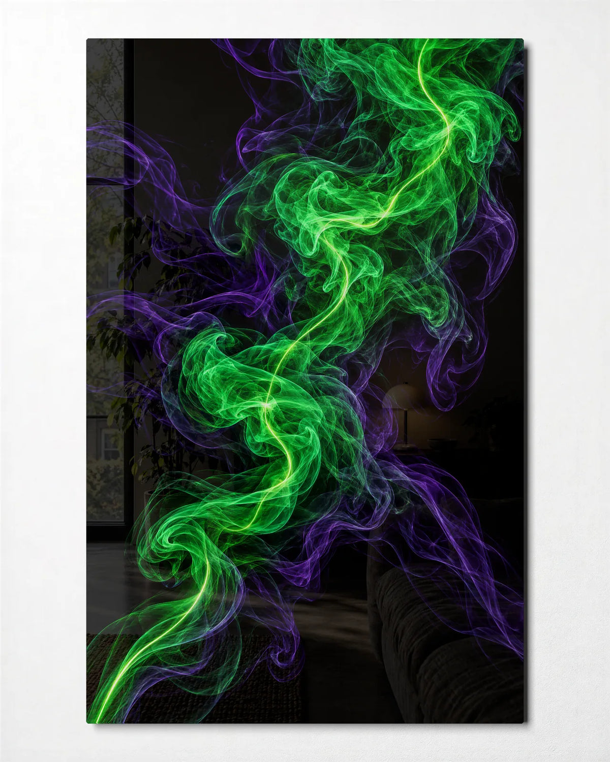 Green Thread of Smoke — front view of glass wall art