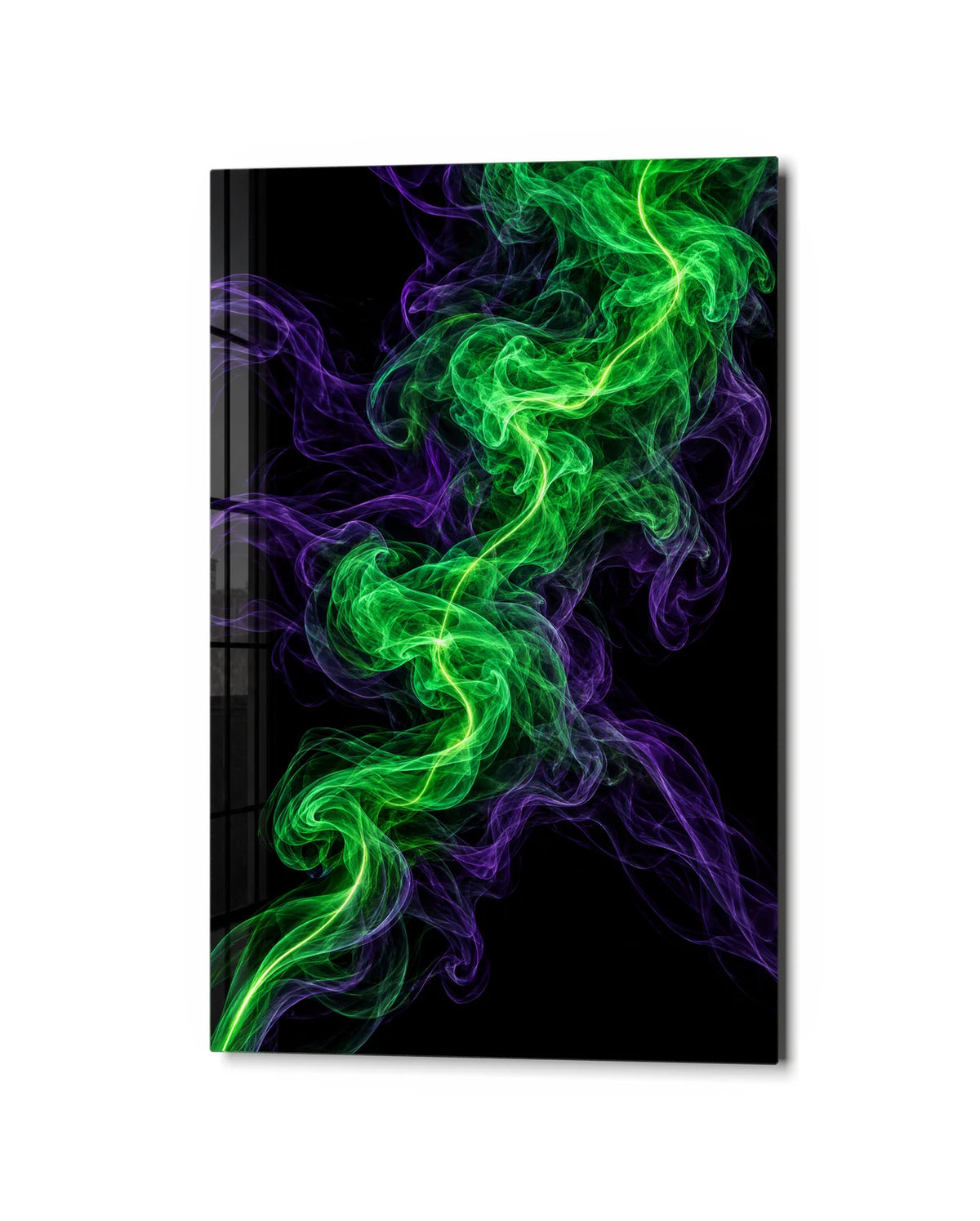 Green Thread of Smoke — studio view of glass wall art