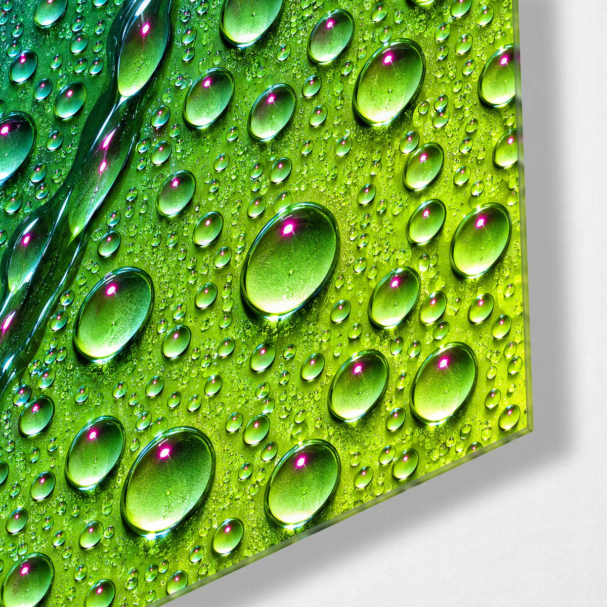 Dew in Two Colours — corner detail of glass wall art