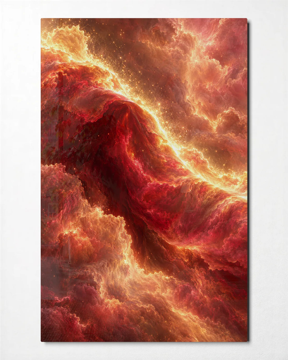 Red Cloud Fold — front view of glass wall art