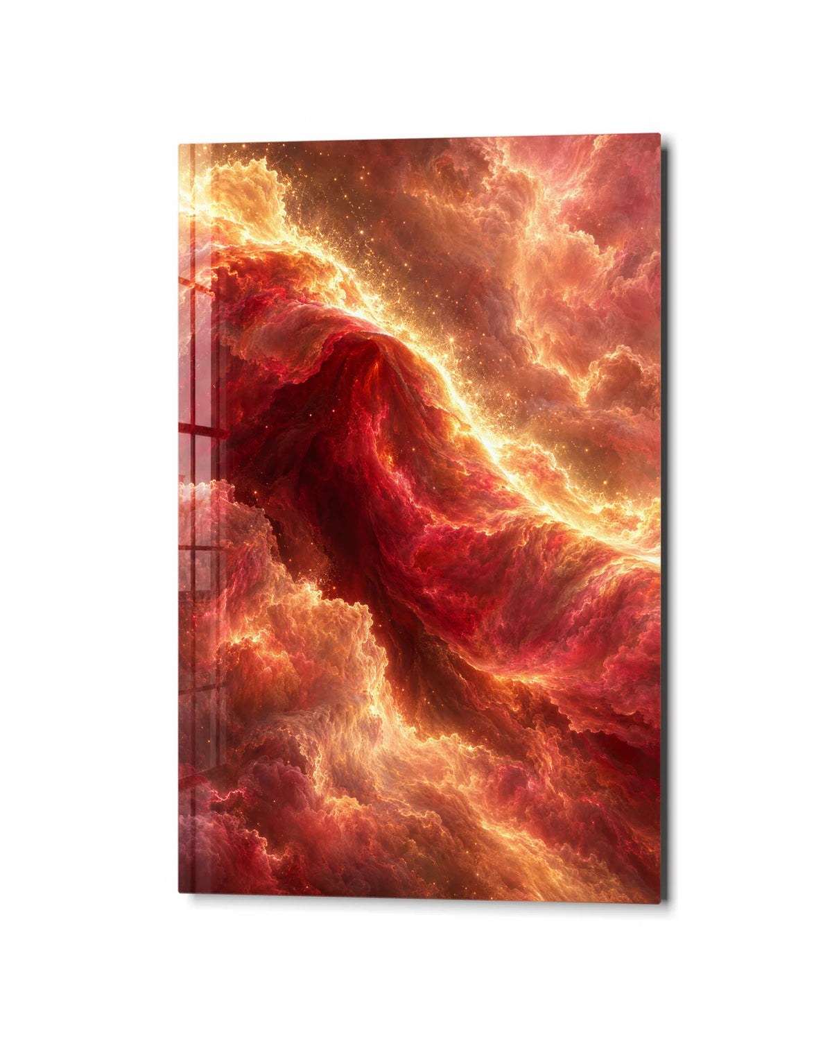 Red Cloud Fold — studio view of glass wall art