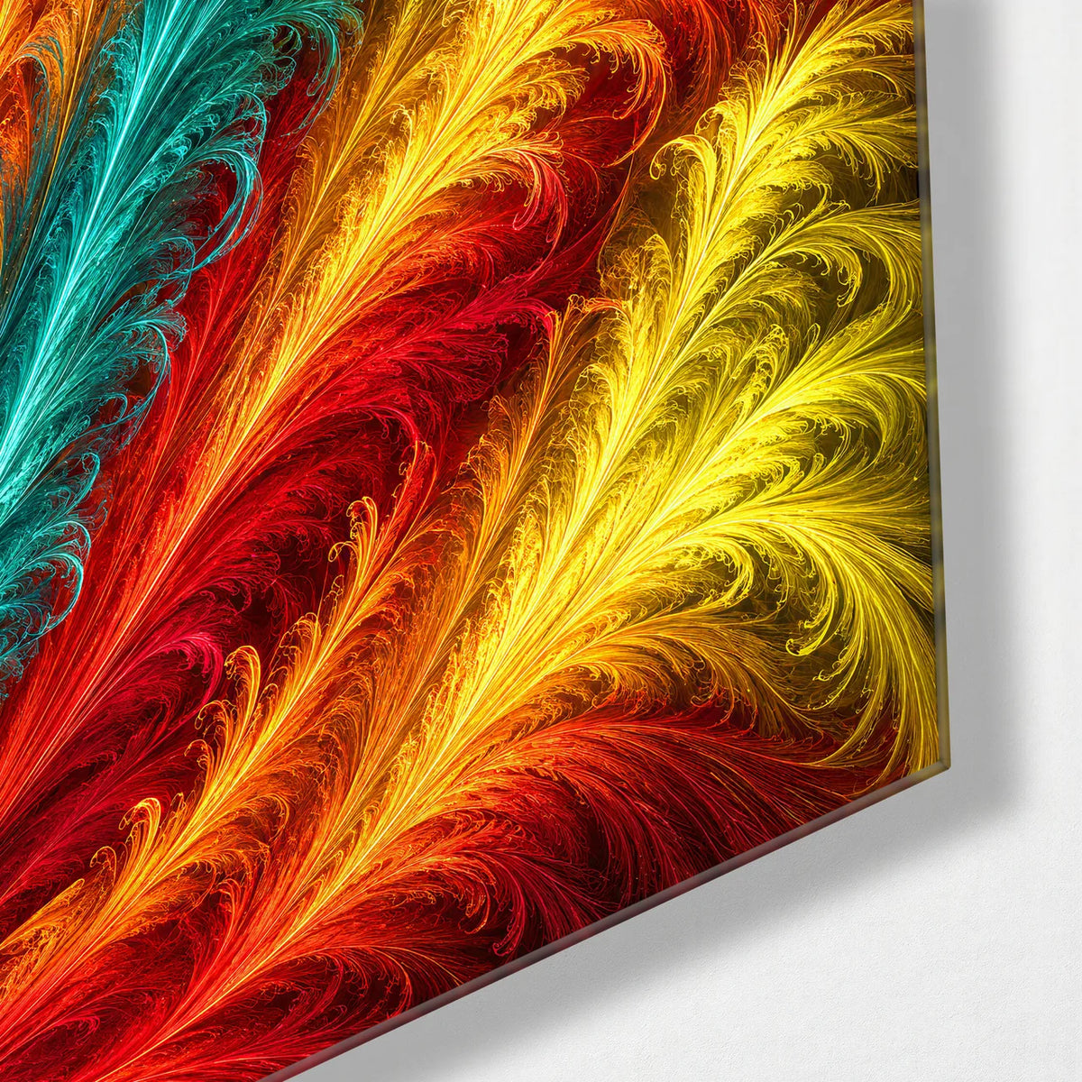 Feathered Colour — corner detail of glass wall art