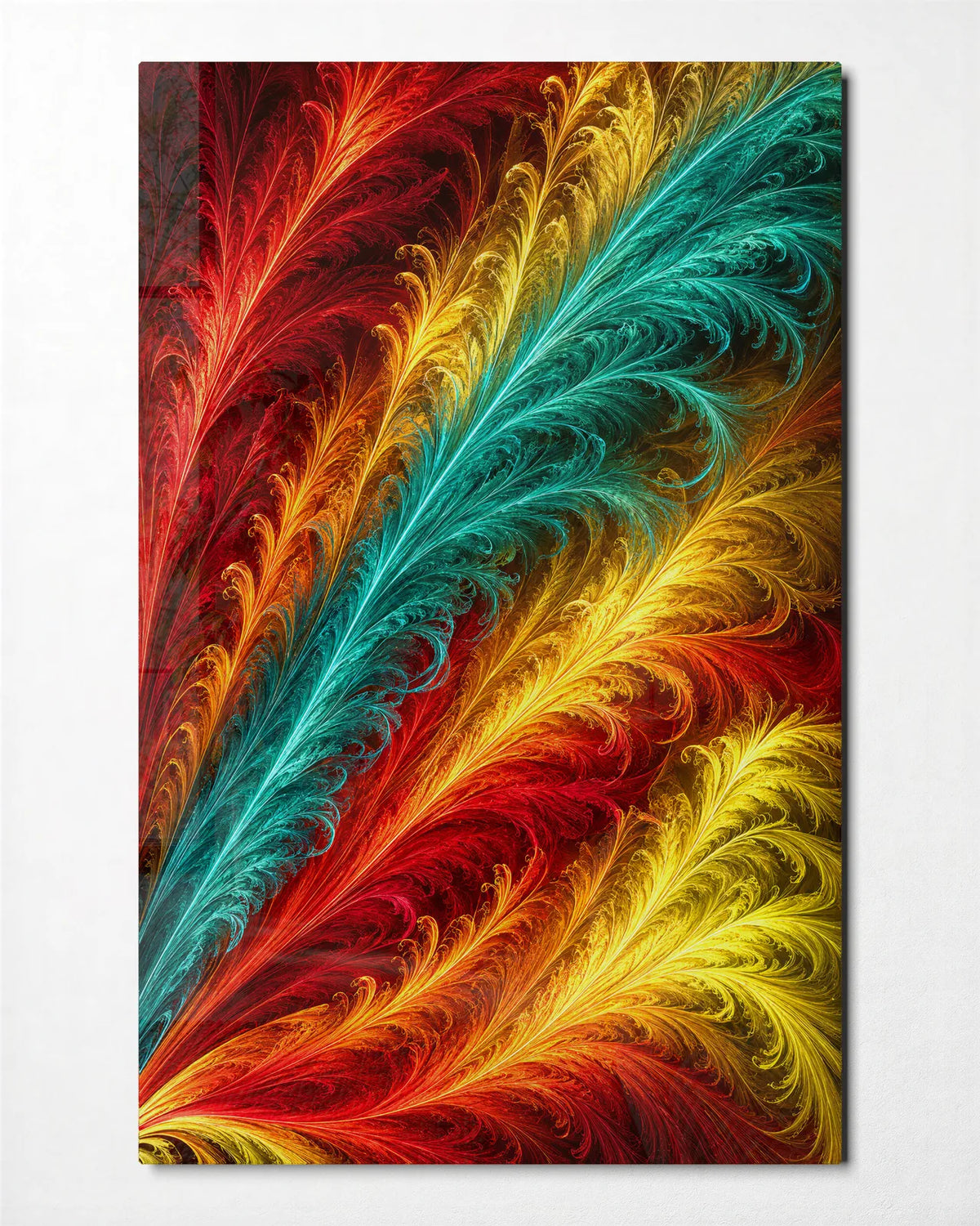 Feathered Colour — front view of glass wall art