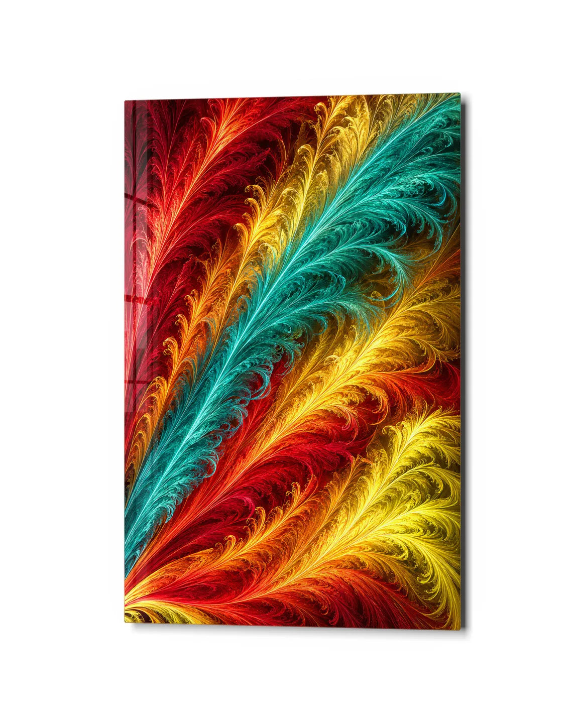 Feathered Colour — studio view of glass wall art