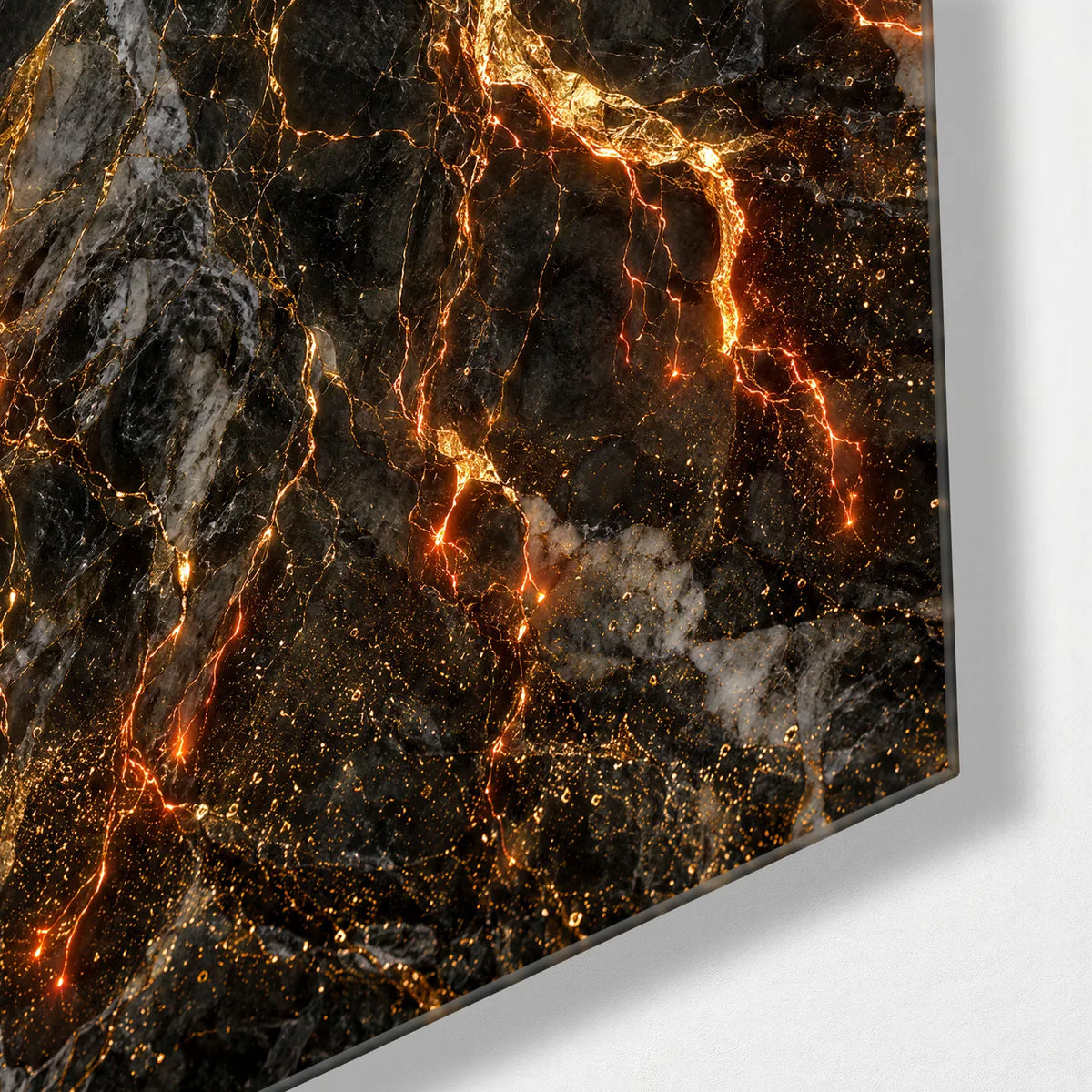 Gold through Dark Stone — corner detail of glass wall art
