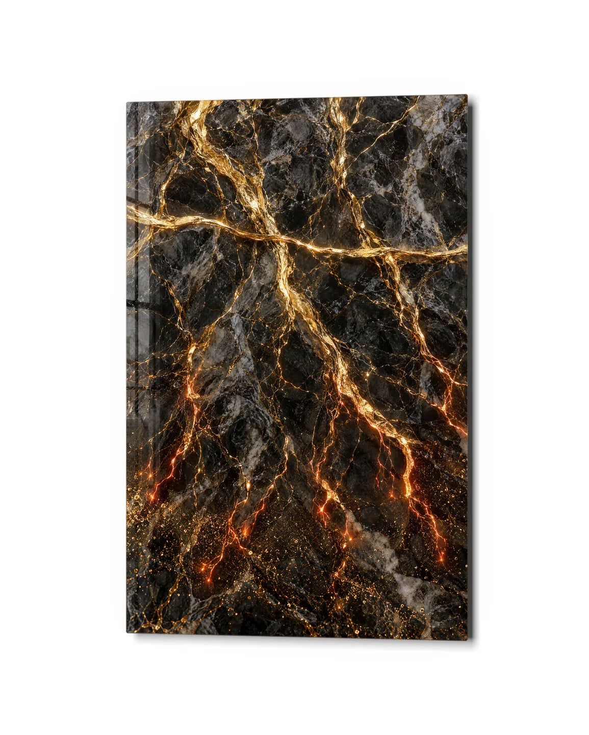 Gold through Dark Stone — studio view of glass wall art