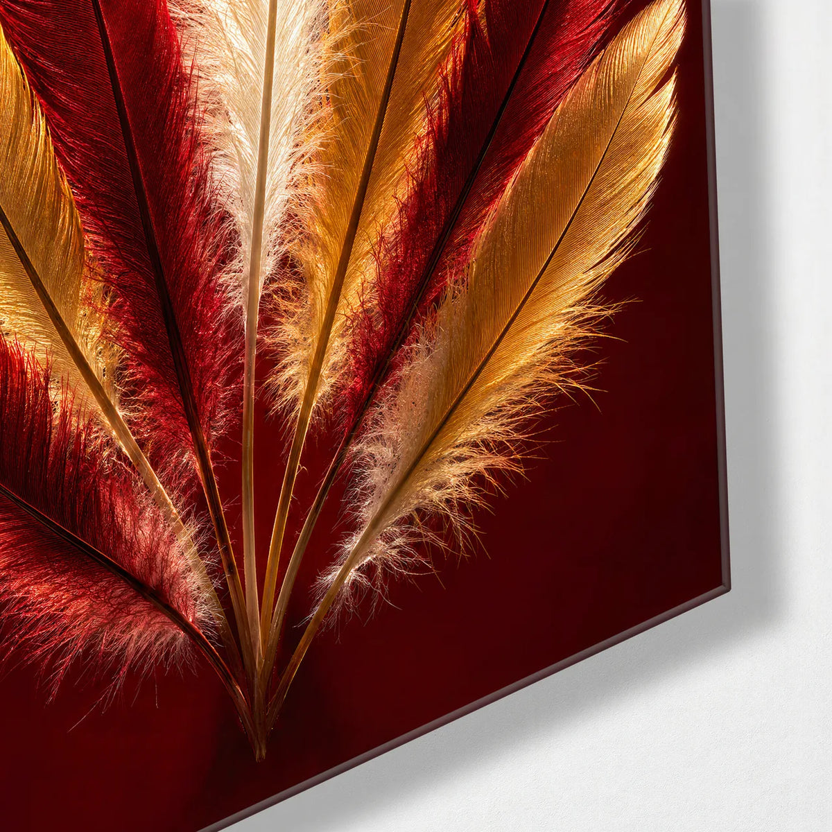 Warm Feather Fan — corner detail of glass wall art