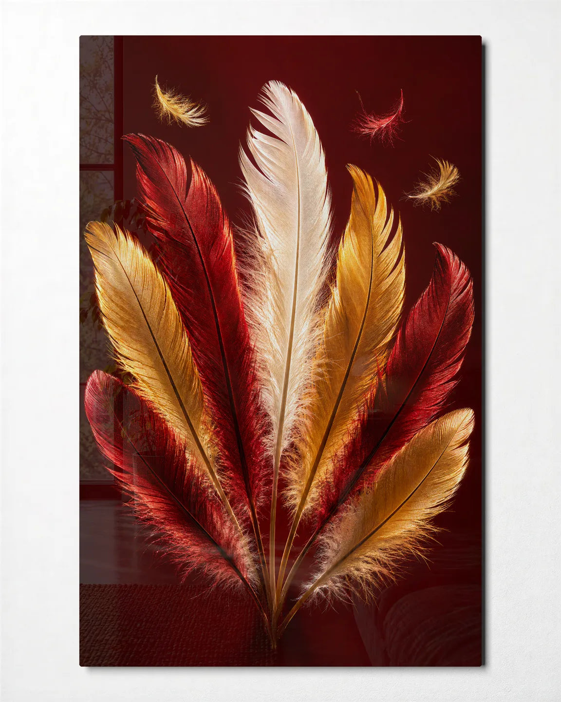 Warm Feather Fan — front view of glass wall art